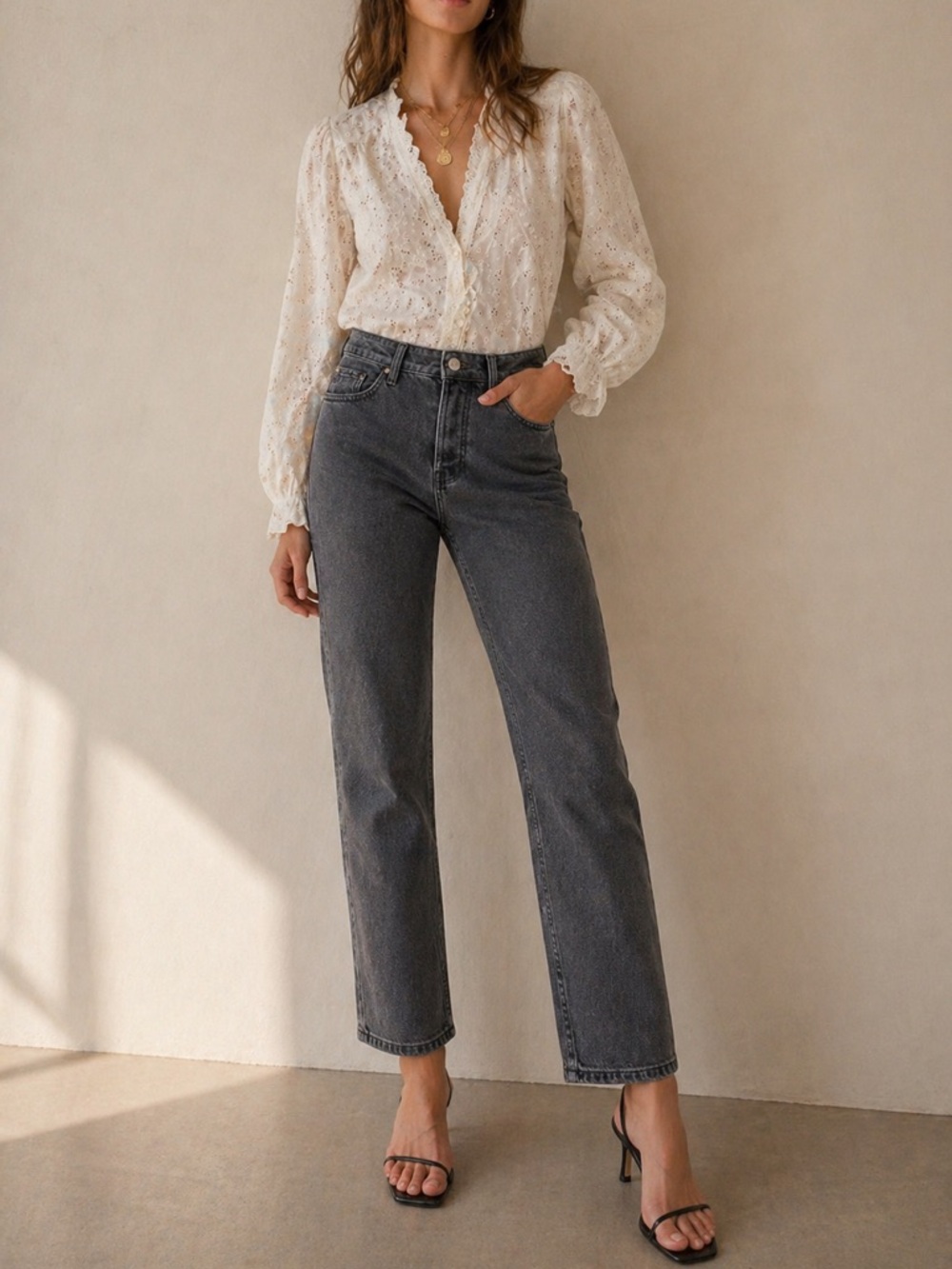 Sézane High Rise Straight Crop Jeans Grey 40/US8 French Denim